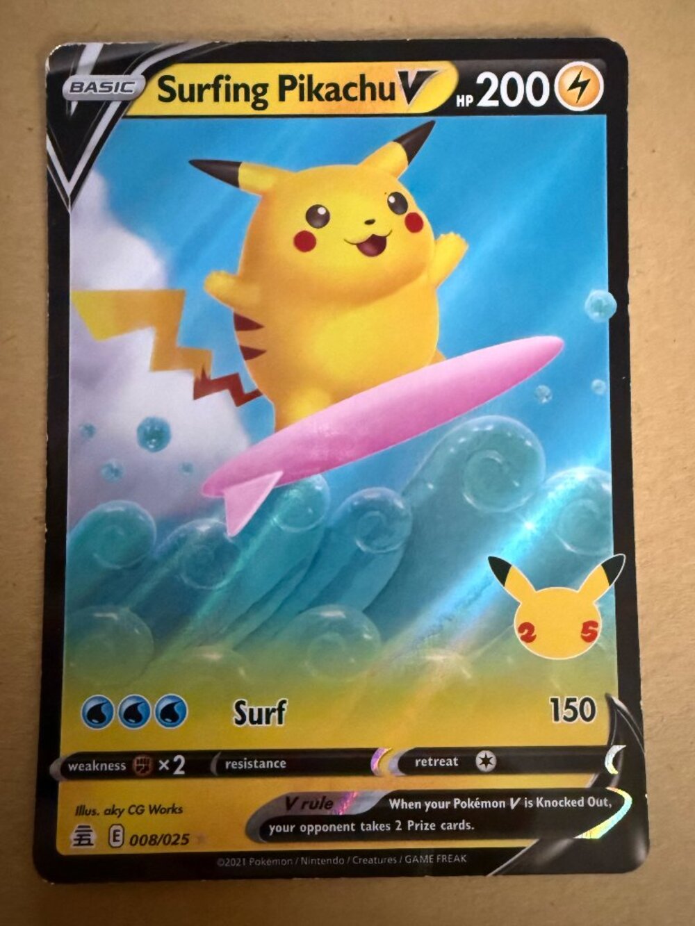 Surfing Pikachu V 008/025 Holo V Rare Celebrations Pokemon Holo